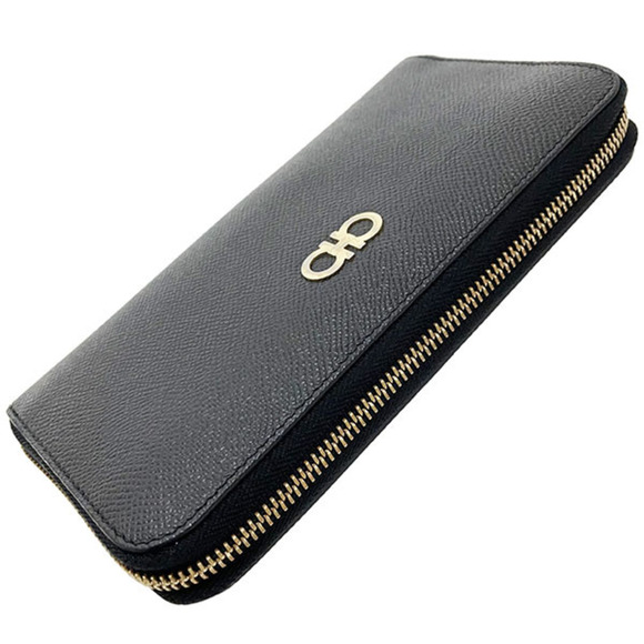 SALVATORE FERRAGAMO Long Wallet Gancini Round Calf Leather Black 22 O016 Icon Do - Picture 4 of 10